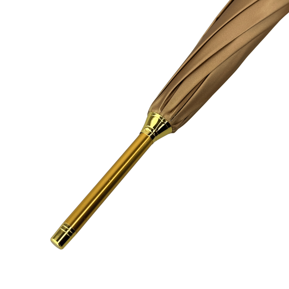 Golden brown canopy and gold-tone shaft of the furled Pasotti umbrella — 189-58002/9-2