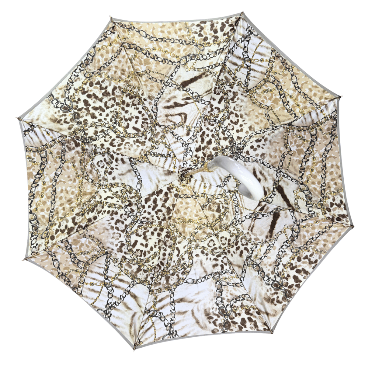 Leopard-print inner canopy of the Pasotti women's cane umbrella, open view — 189-58002/9-2