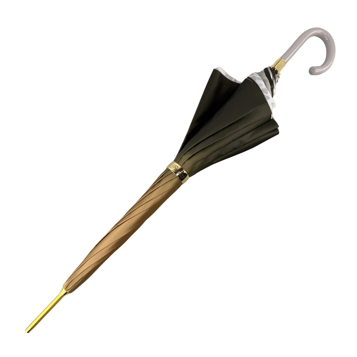Pasotti women's cane umbrella furled, golden brown to khaki gradient canopy with glossy grey crook handle — 189-58002/9-2
