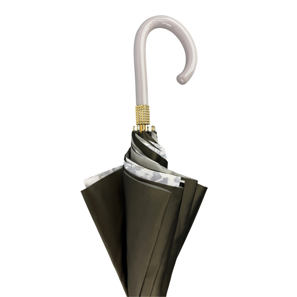 Furled Pasotti cane umbrella with khaki canopy and grey crook handle — 189-58002/9-2