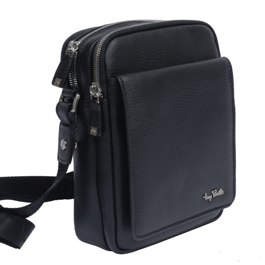 Black Tony Perotti Contatto 9148-15 leather crossbody bag at an angle — two zip compartments and the front pocket under its magnetic flap