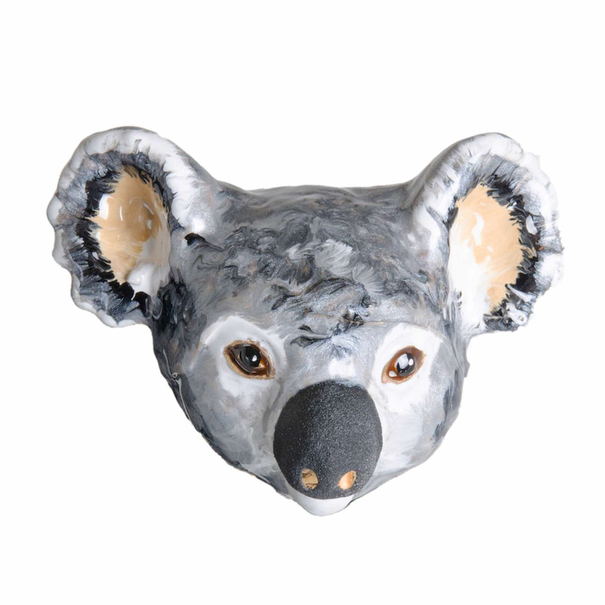 Enameled koala head from the front: mottled grey fur, cream ears and a matte black nose