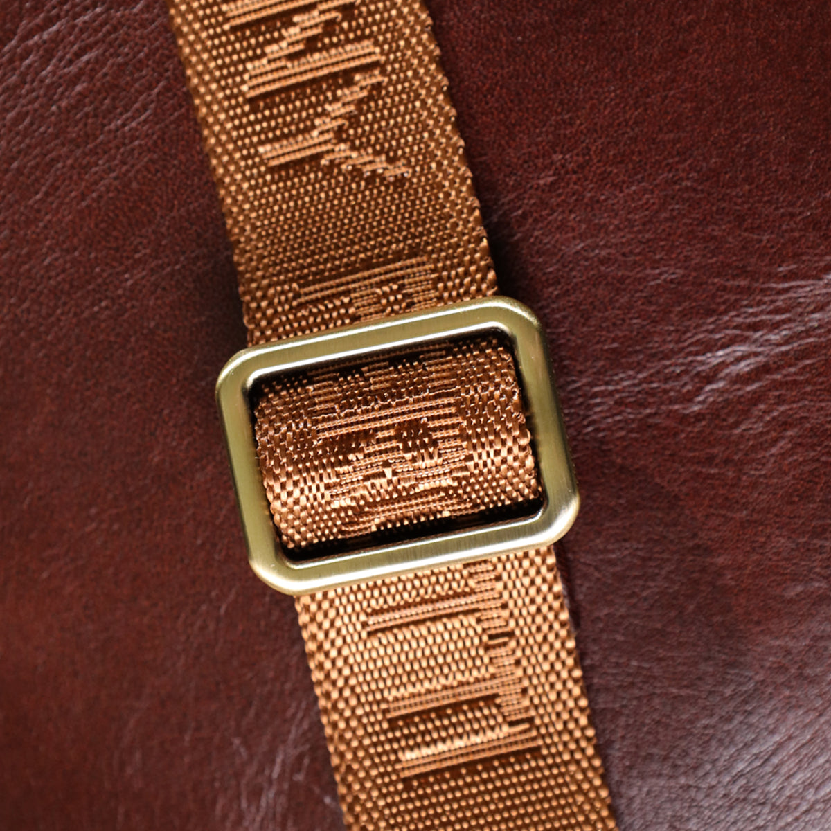 Macro shot of the strap's brass slide buckle on the dark brown Italico 9137-20 bag with TONY PEROTTI woven into the webbing