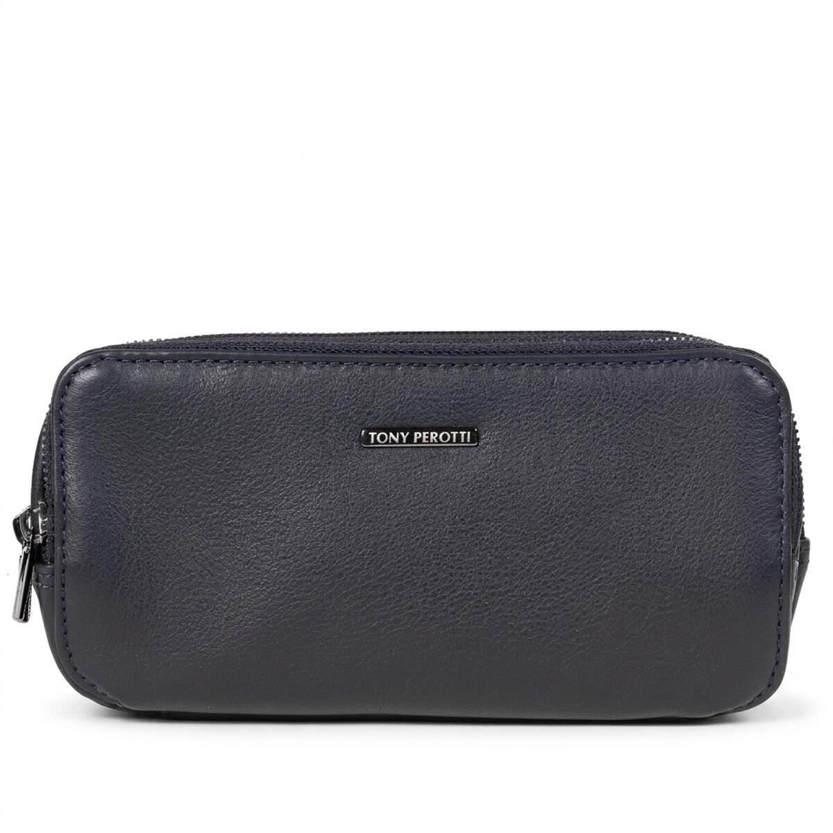 Tony Perotti navy leather clutch New Contatto 6168 navy straight on — soft calf leather and the metal Tony Perotti plate