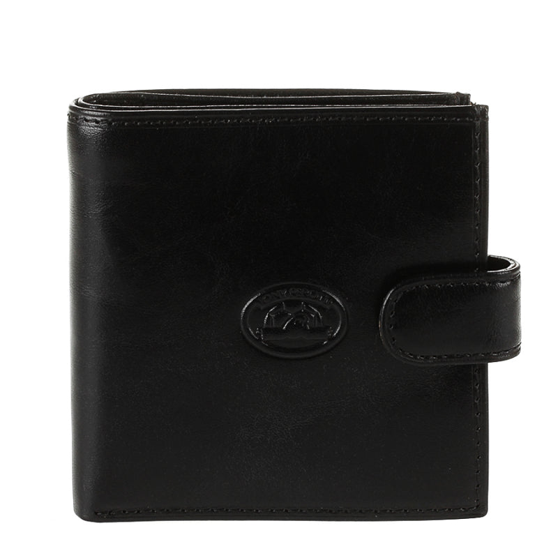 Tony Perotti black bull leather bifold wallet with strap closure — Italico 1256 nero