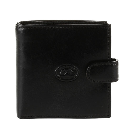 Tony Perotti black bull leather bifold wallet with strap closure — Italico 1256 nero