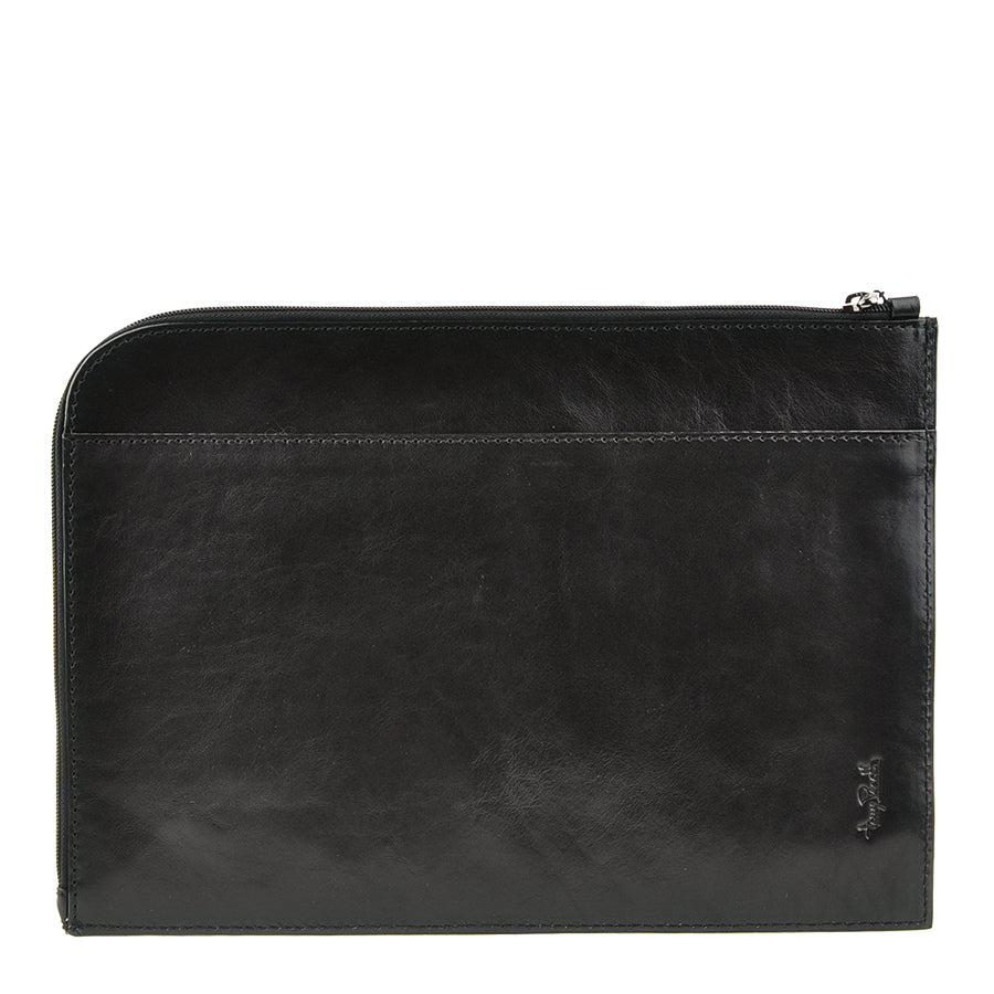Back of the black Italico 8017L folio — full-width open pocket and embossed Tony Perotti signature