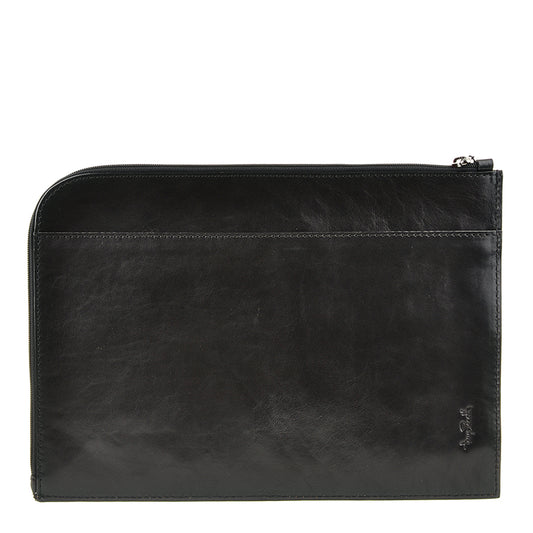 Back of the black Italico 8017L folio — full-width open pocket and embossed Tony Perotti signature