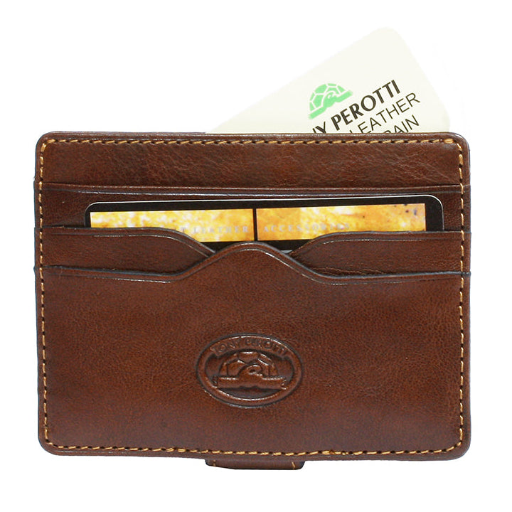 Cognac leather card holder with Tony Perotti insert cards in slots — Italico 2553 cognac
