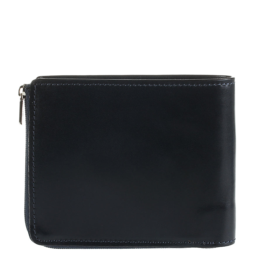 Back of Tony Perotti Italico 3645 navy leather wallet with tonal stitching and side zip
