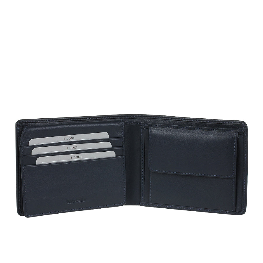 Tony Perotti Cortina 5051 navy opened — card slots and a slip pocket on the left, the snap coin pocket on the right