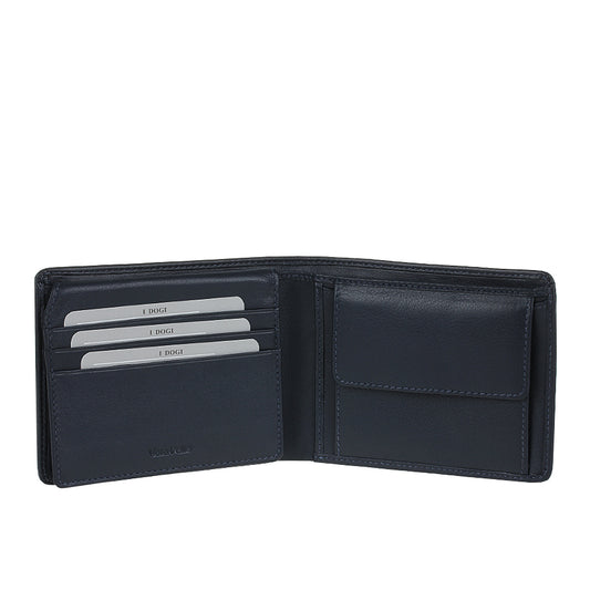 Tony Perotti Cortina 5051 navy opened — card slots and a slip pocket on the left, the snap coin pocket on the right
