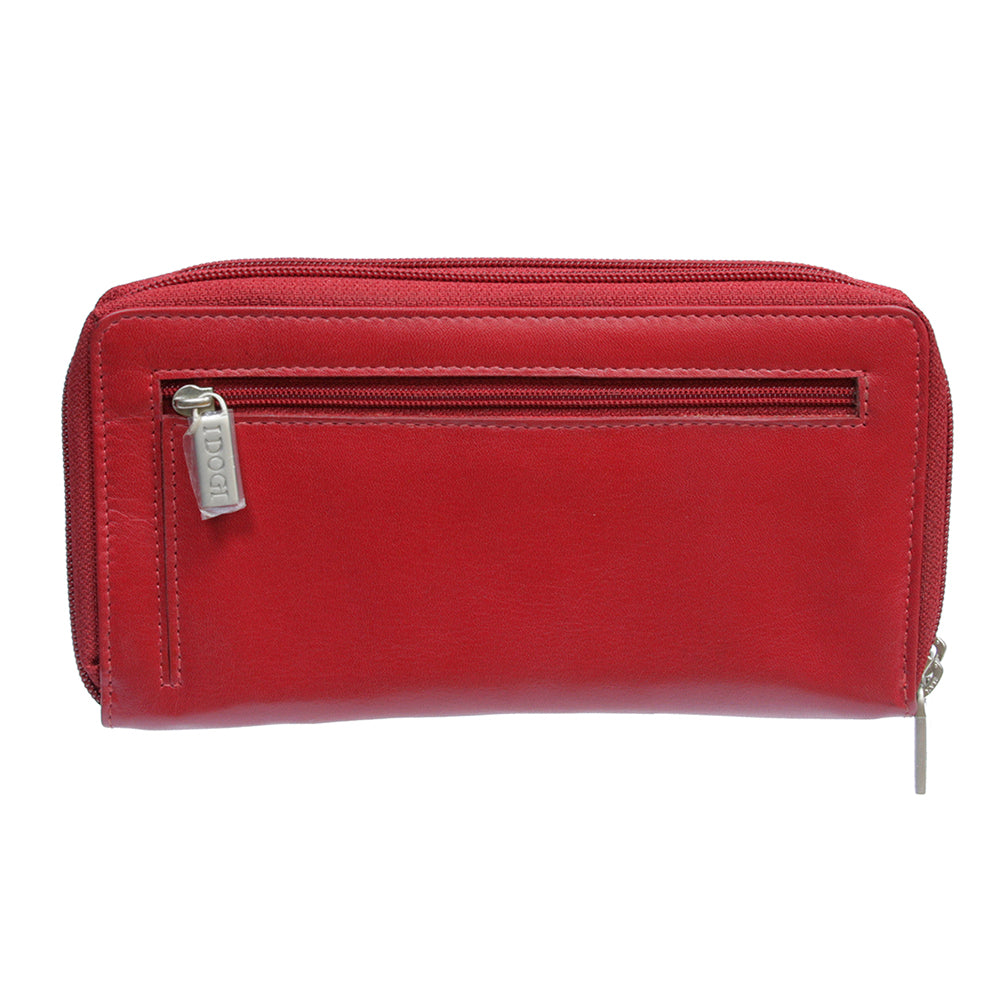 Back of the red Tony Perotti Cortina 5061 wallet with the exterior zipped pocket