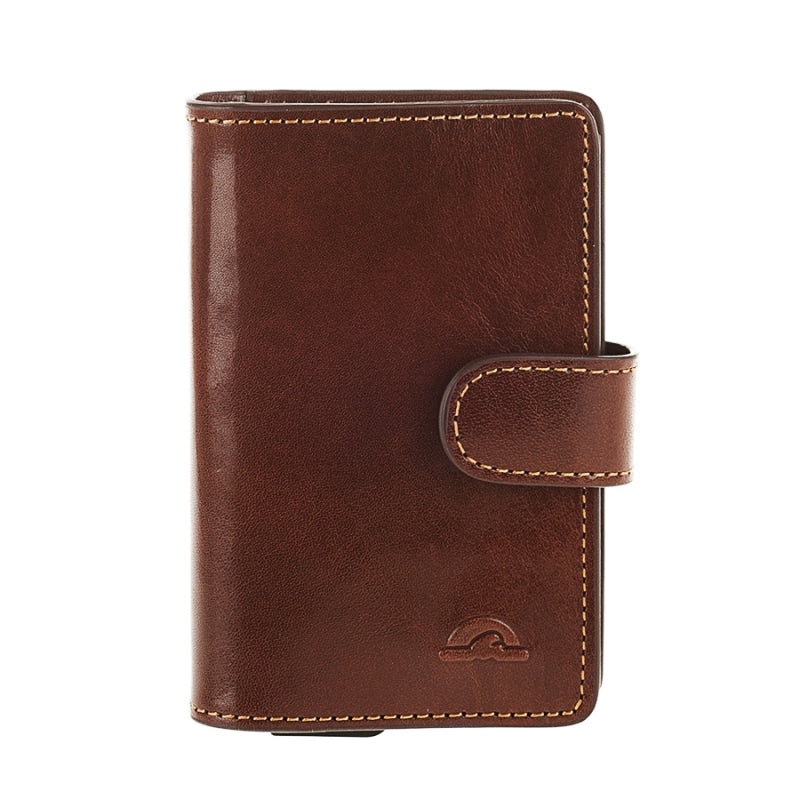 Tony Perotti Nevada 3776 moro — the dark brown leather business card holder closed, with tan stitching and the strap