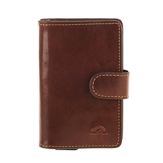 Tony Perotti Nevada 3776 moro — the dark brown leather business card holder closed, with tan stitching and the strap