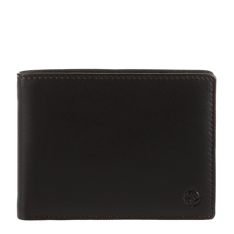 Dark brown Tony Perotti Cortina 5013 leather bifold wallet seen straight on, closed — the embossed compass rose and contrasting reddish-brown stitching