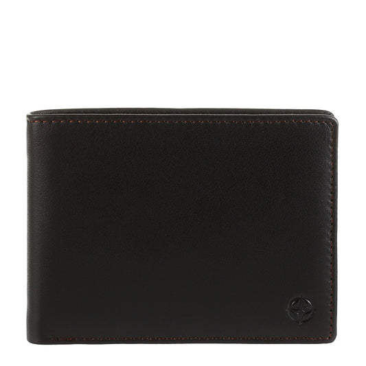 Dark brown Tony Perotti Cortina 5013 leather bifold wallet seen straight on, closed — the embossed compass rose and contrasting reddish-brown stitching