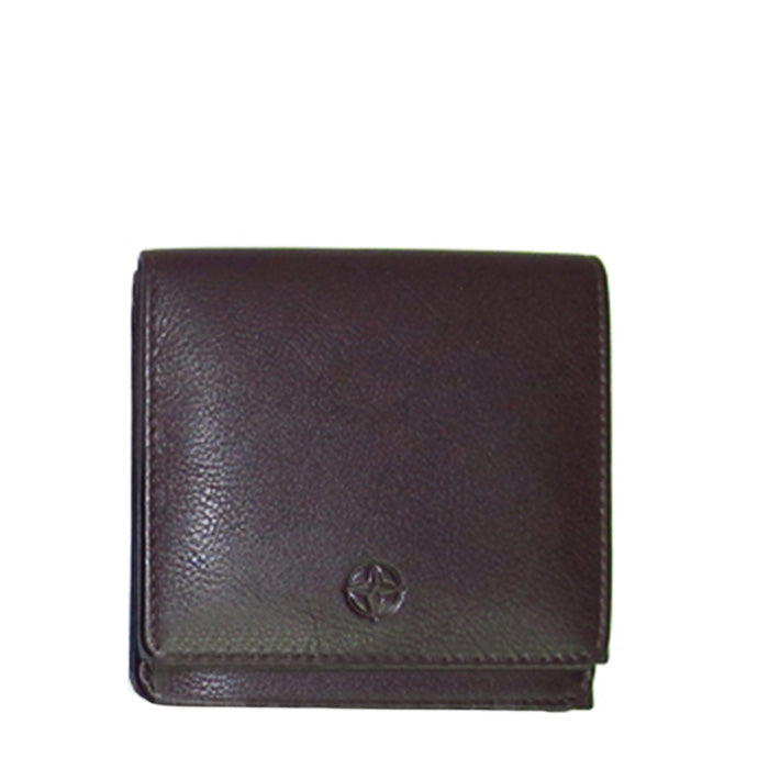 Dark brown Tony Perotti Cortina 5064 mini square wallet seen straight on, closed, with the embossed compass rose on the flap