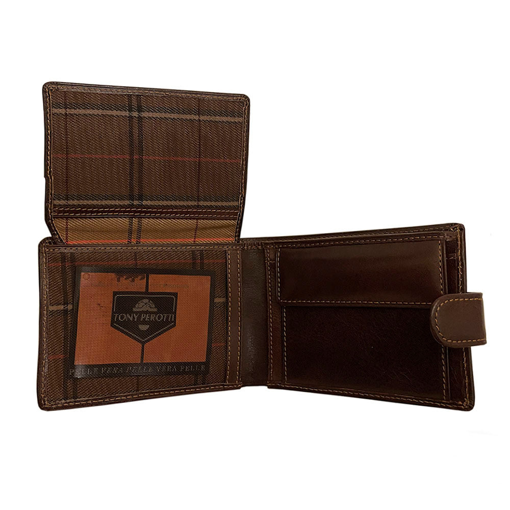 Dark brown leather bifold wallet hidden note pocket under flap — Tony Perotti Italico 396A-Q