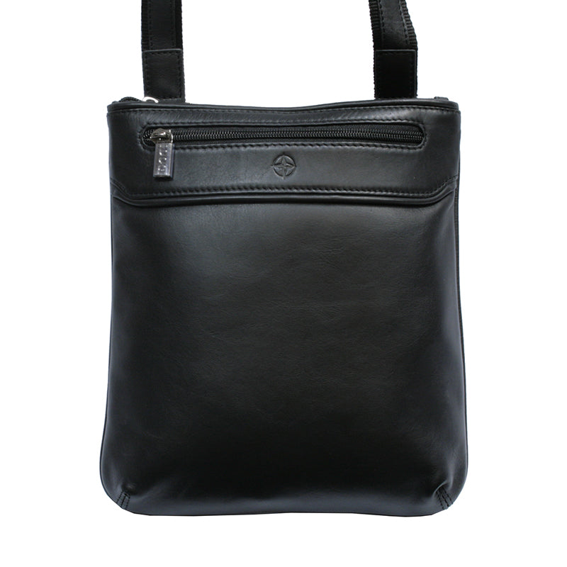 Black Tony Perotti Cortina 6045 leather crossbody bag seen straight on — the front zip pocket and the embossed compass rose beside it