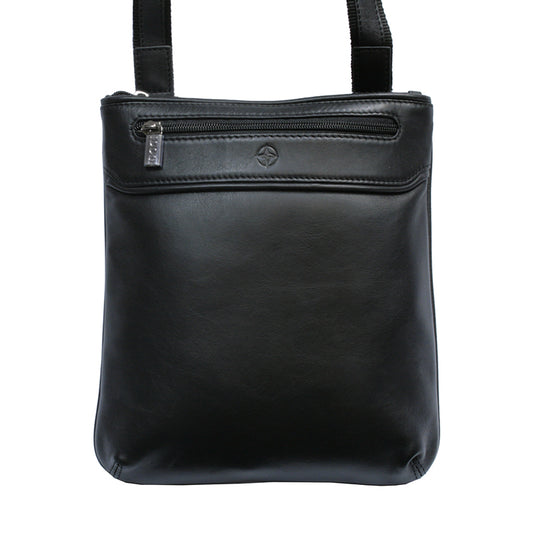 Black Tony Perotti Cortina 6045 leather crossbody bag seen straight on — the front zip pocket and the embossed compass rose beside it