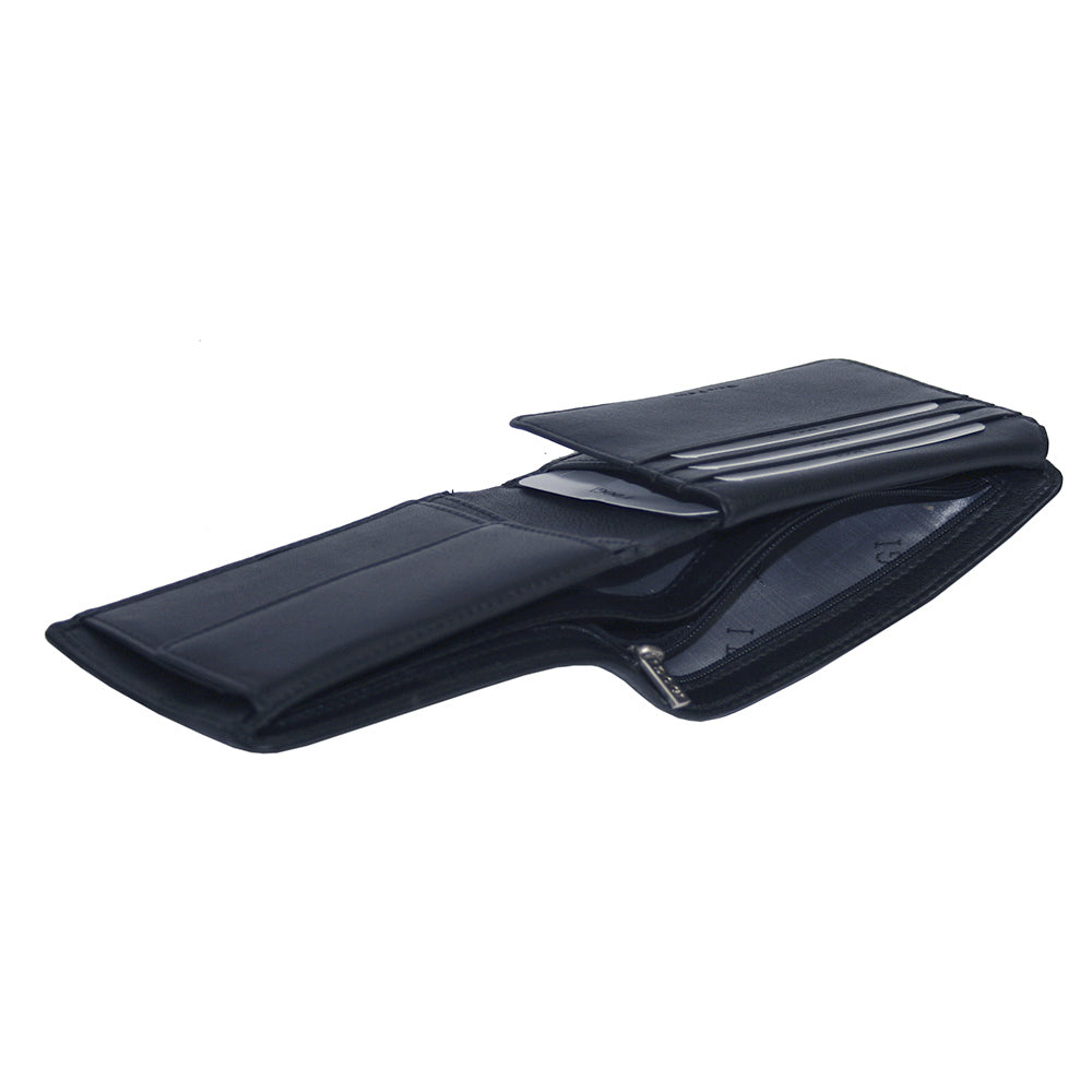 Tony Perotti Cortina 5057 navy seen open in profile — the hidden zipped compartment behind the card slots
