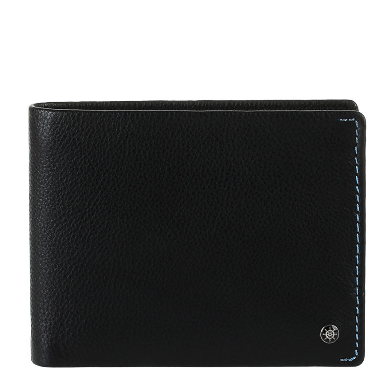 Tony Perotti Timone 11013G black leather bifold wallet, front view with ship's wheel emblem and blue stitching
