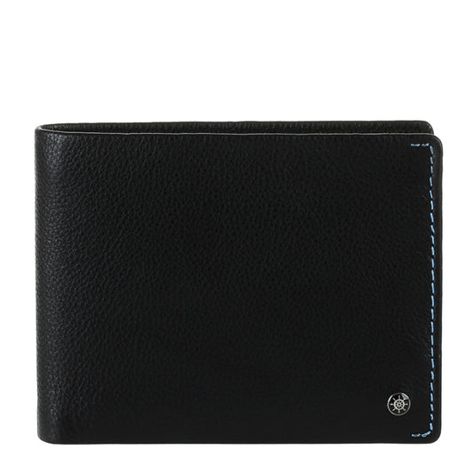 Tony Perotti Timone 11013G black leather bifold wallet, front view with ship's wheel emblem and blue stitching
