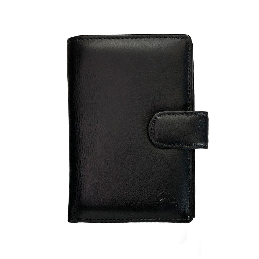 Tony Perotti New Rainbow 1654 black vertical bifold wallet with snap strap and embossed turtle — handcrafted in Italy