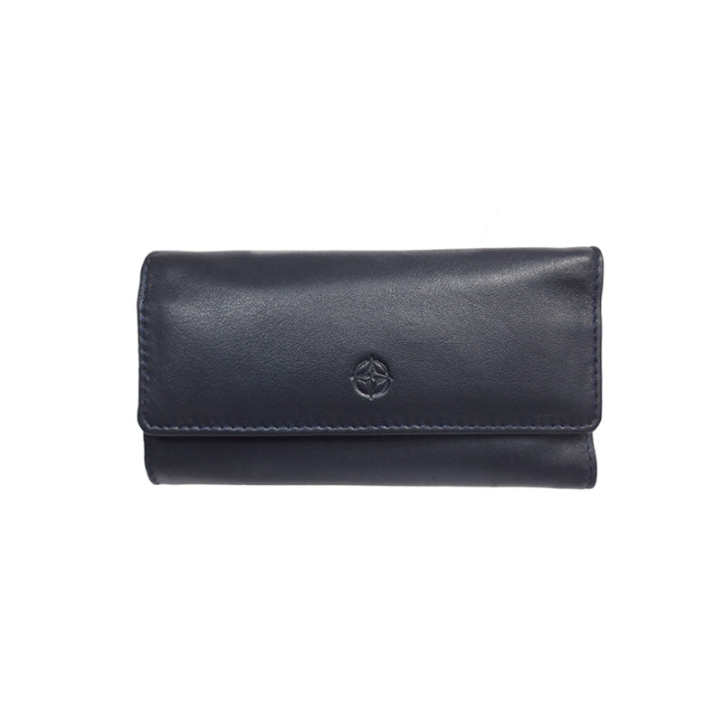 Tony Perotti Cortina 5022 navy — navy leather trifold key case closed, compass-rose emblem embossed on the flap