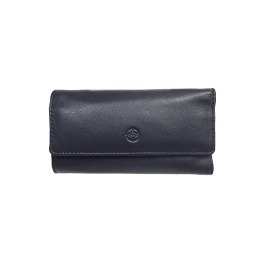 Tony Perotti Cortina 5022 navy — navy leather trifold key case closed, compass-rose emblem embossed on the flap