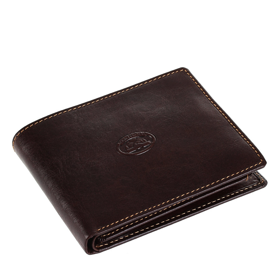 Dark brown leather bifold wallet Tony Perotti Italico 3620 moro — closed, angled top view of the edges
