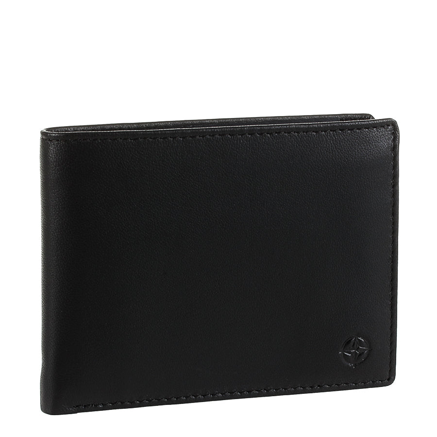 Black Tony Perotti Cortina 5013 bifold wallet standing at a three-quarter angle, closed