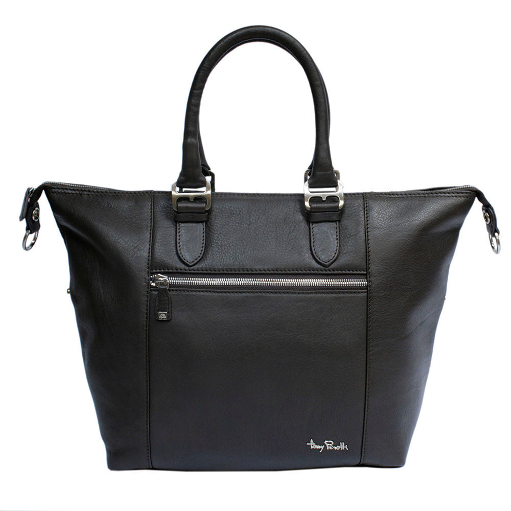 Tony Perotti Contatto 9217-31 moro dark brown leather handbag with the snaps undone — the wide trapeze setting that takes A4, front zip pocket
