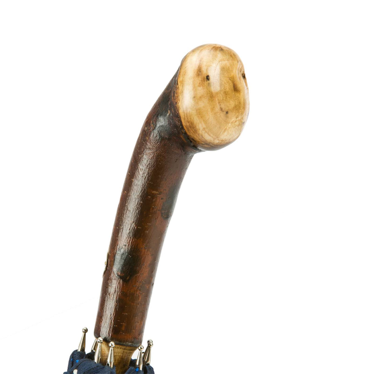 One-piece chestnut handle with pale rounded knob end, close-up, handcrafted in Italy