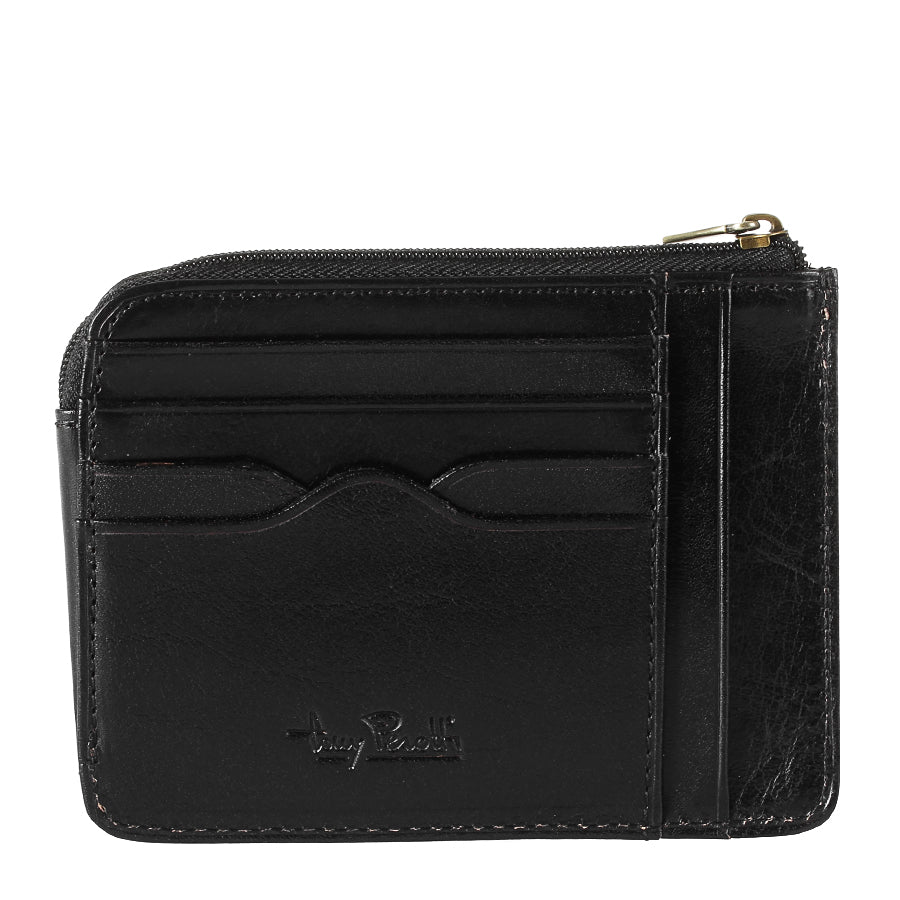 Black leather card holder back with card slots and embossed Tony Perotti signature — Italico 2275 nero