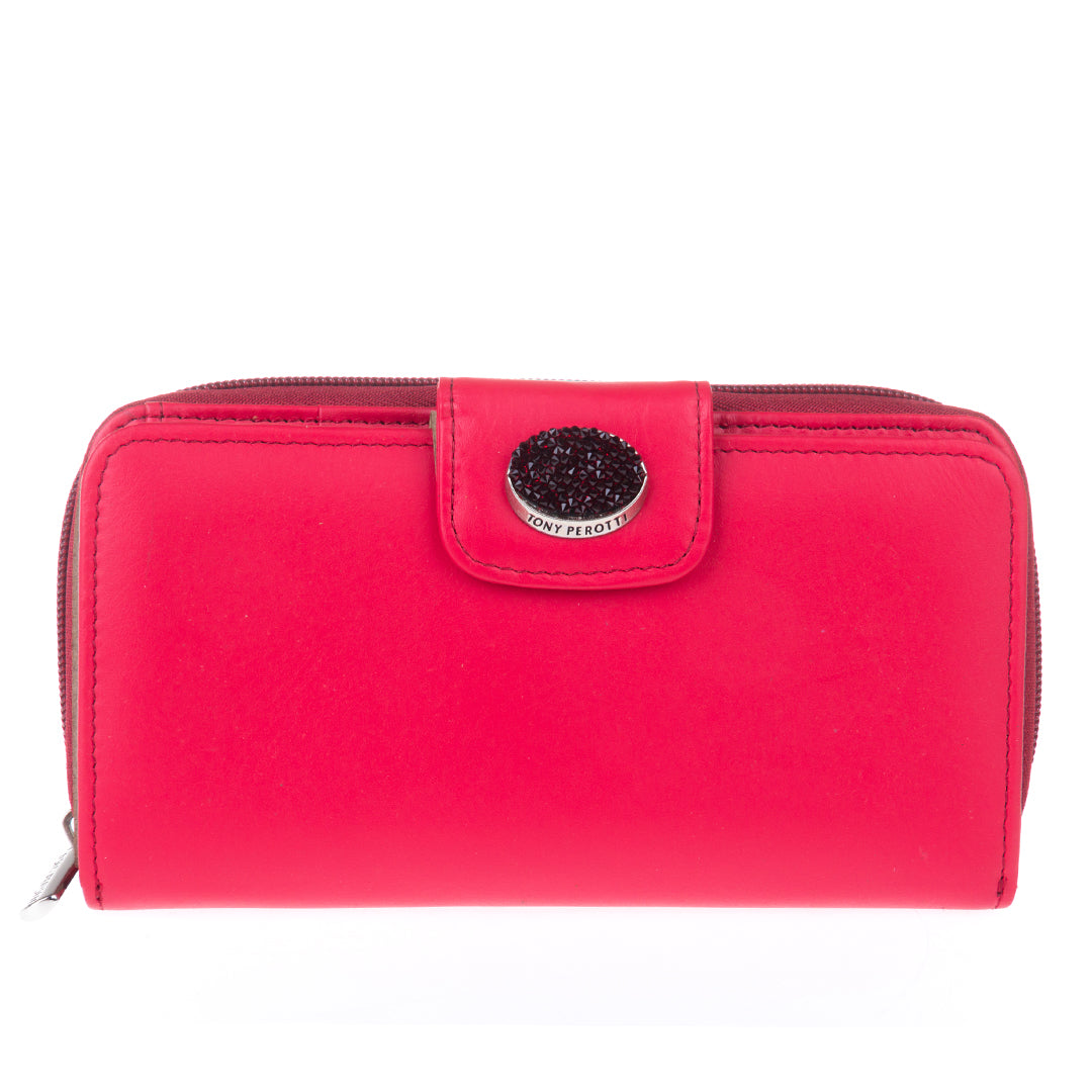 Tony Perotti Swarovski 1655A marlboro red leather wallet with crystal medallion strap — handcrafted in Italy