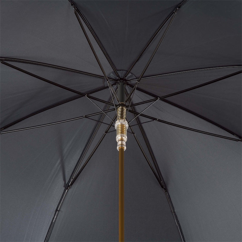 Underside of the open black canopy with eight ribs and gold-tone shaft