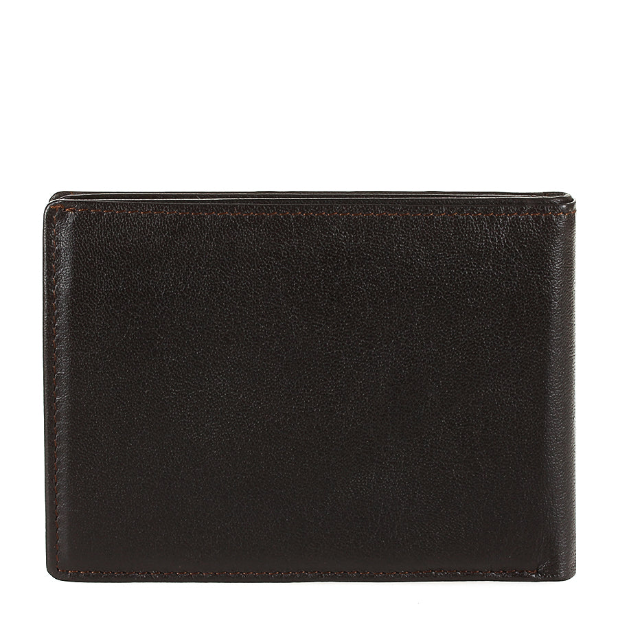Open dark brown leather bifold wallet with card slots and snap coin pocket — Tony Perotti Cortina 5085