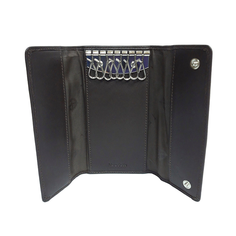 Tony Perotti Cortina 5022 moro — opened flat: eight snap hooks on the metal bar, «Vera Pelle» embossed on the centre panel and press studs on the side flap
