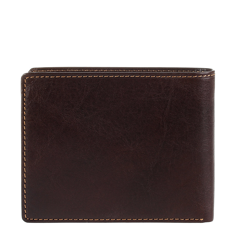 Dark brown leather bifold wallet Tony Perotti Italico 3620 moro — back view with contrasting tan stitching