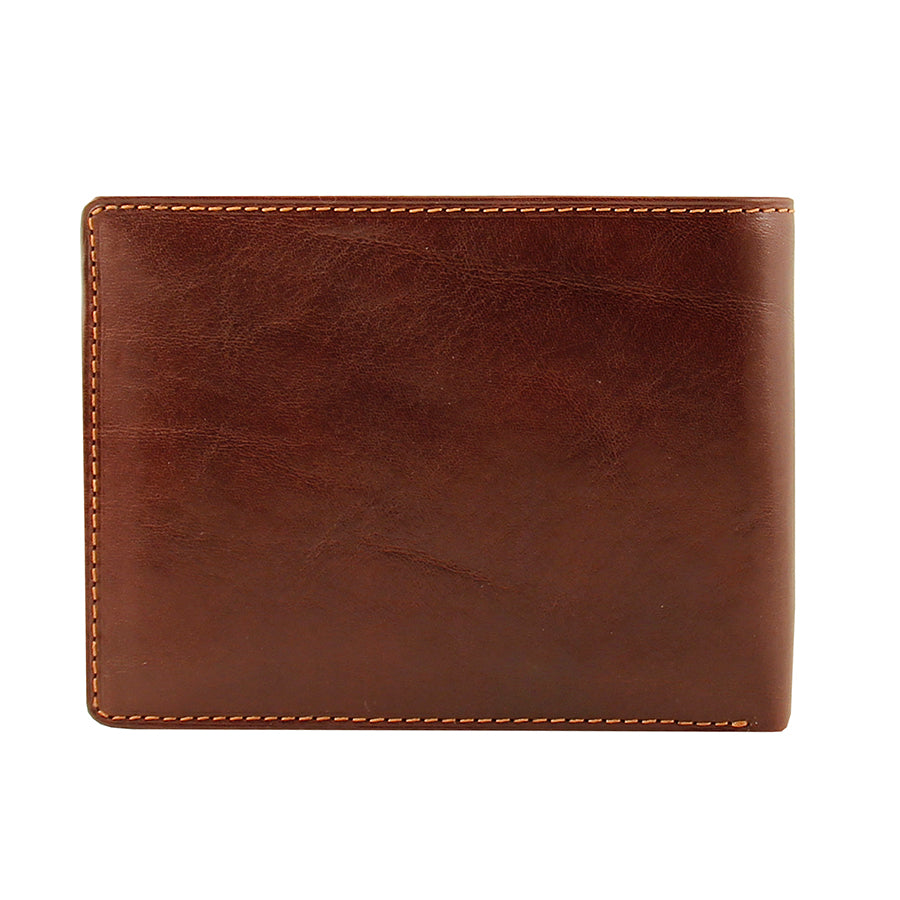 Back of the brown Tony Perotti Italico 534 wallet — plain leather with contrasting tan stitching along the edges
