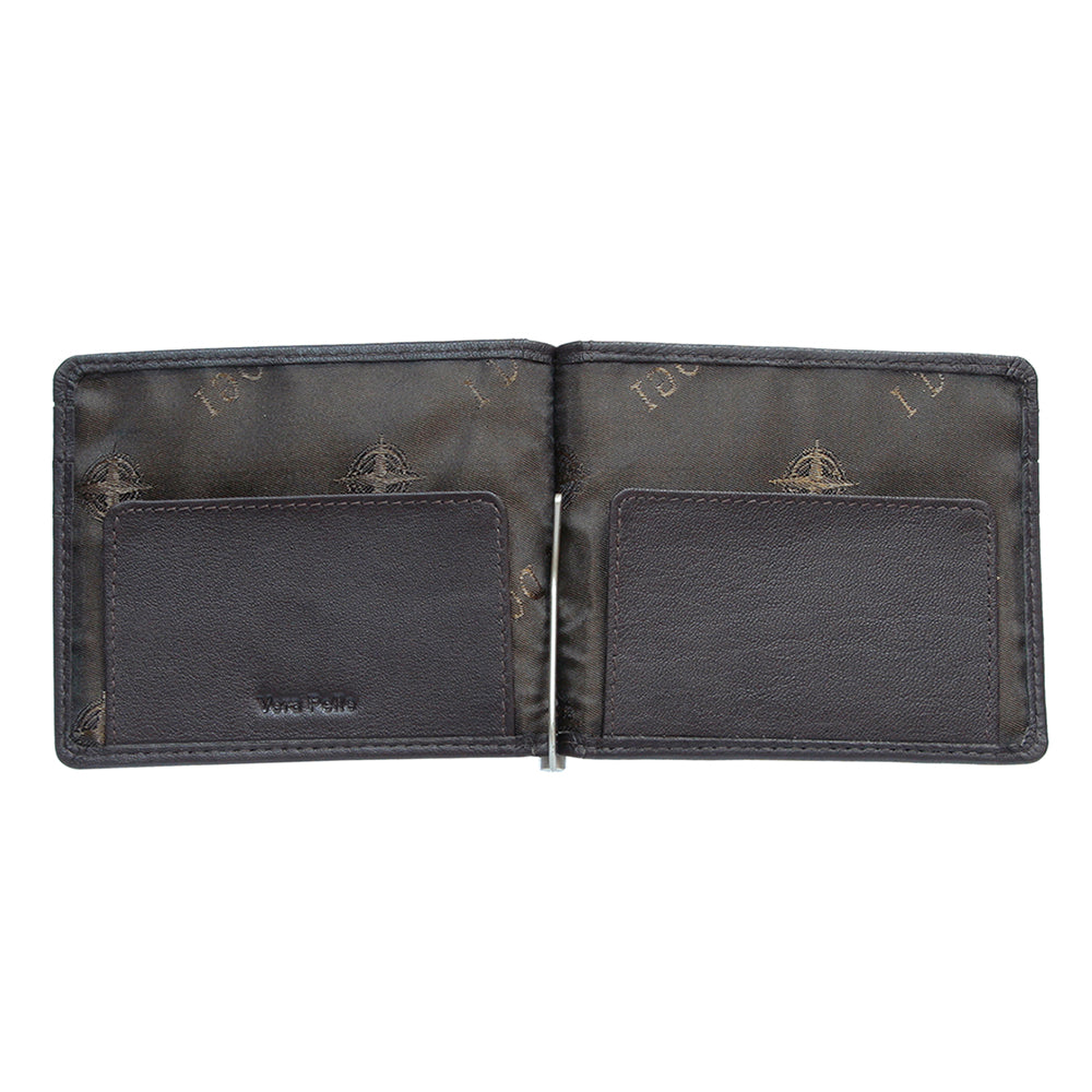 Open dark brown leather money clip wallet with metal clip and branded lining — Tony Perotti Cortina 5040