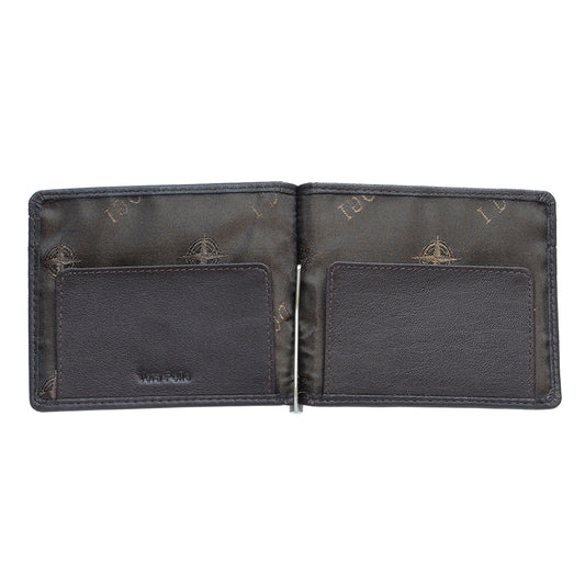 Open dark brown leather money clip wallet with metal clip and branded lining — Tony Perotti Cortina 5040