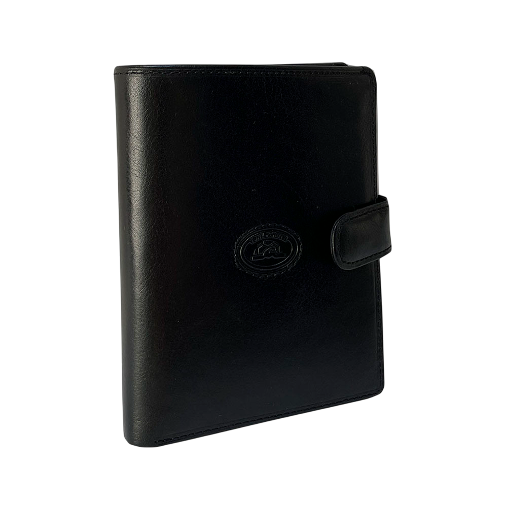 Angled view of the black Tony Perotti Italico 3274A nero passport wallet showing the emblem and tonal stitching