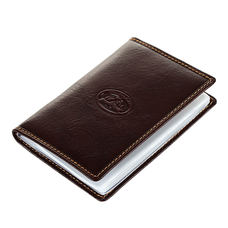 Dark brown leather business card holder with clear card sleeves — Tony Perotti Italico 1007 moro