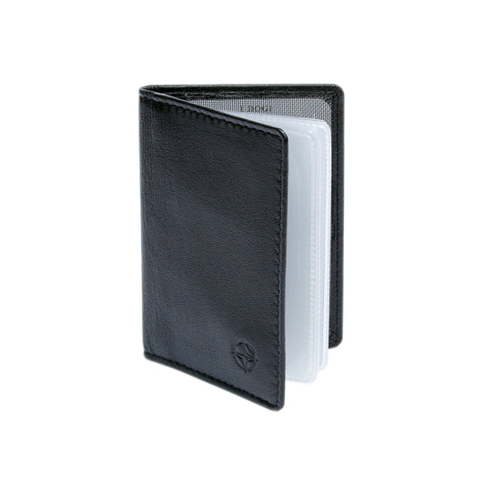 Tony Perotti Cortina 5004 nero — standing open, showing the fan of clear sleeves and the woven lining