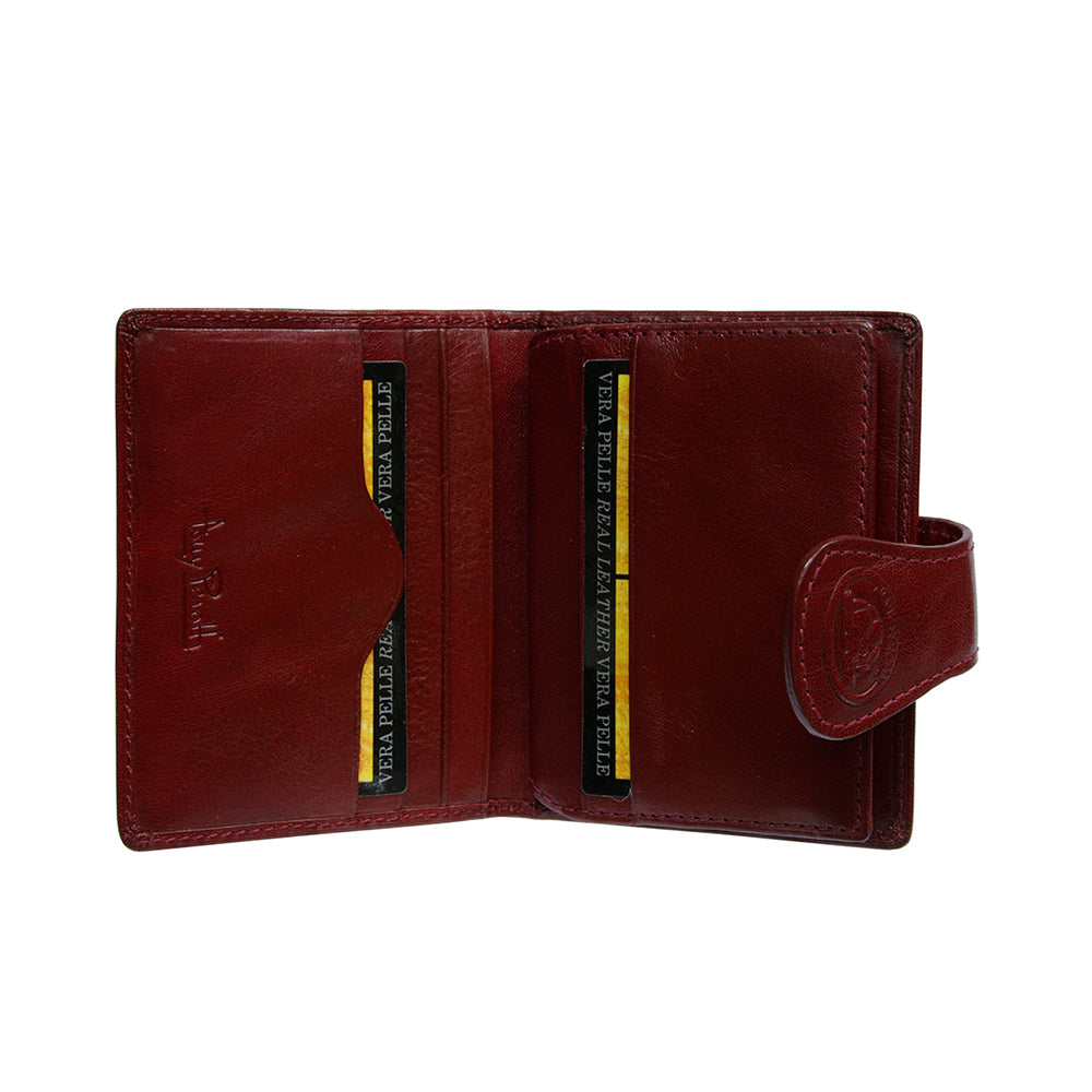 Tony Perotti Accademia 369 rosso — opened like a book, card slots on both halves and the Tony Perotti signature embossed on the left pocket