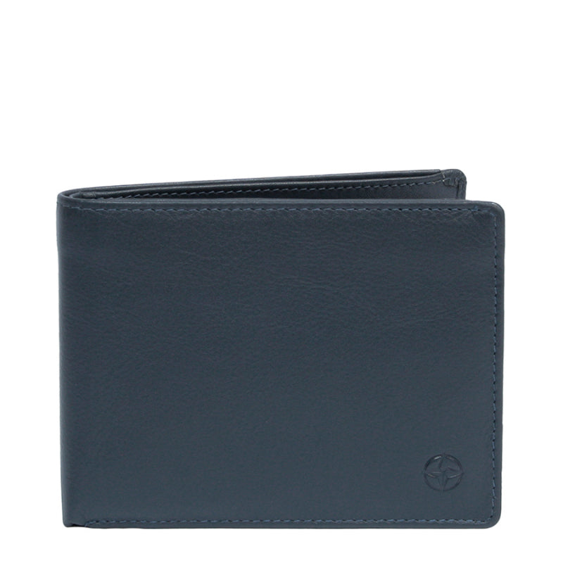 Navy Tony Perotti Cortina 5036 leather bifold wallet seen straight on, closed, with the embossed compass rose in the lower corner