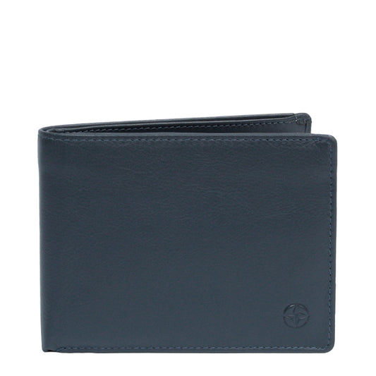 Navy Tony Perotti Cortina 5036 leather bifold wallet seen straight on, closed, with the embossed compass rose in the lower corner